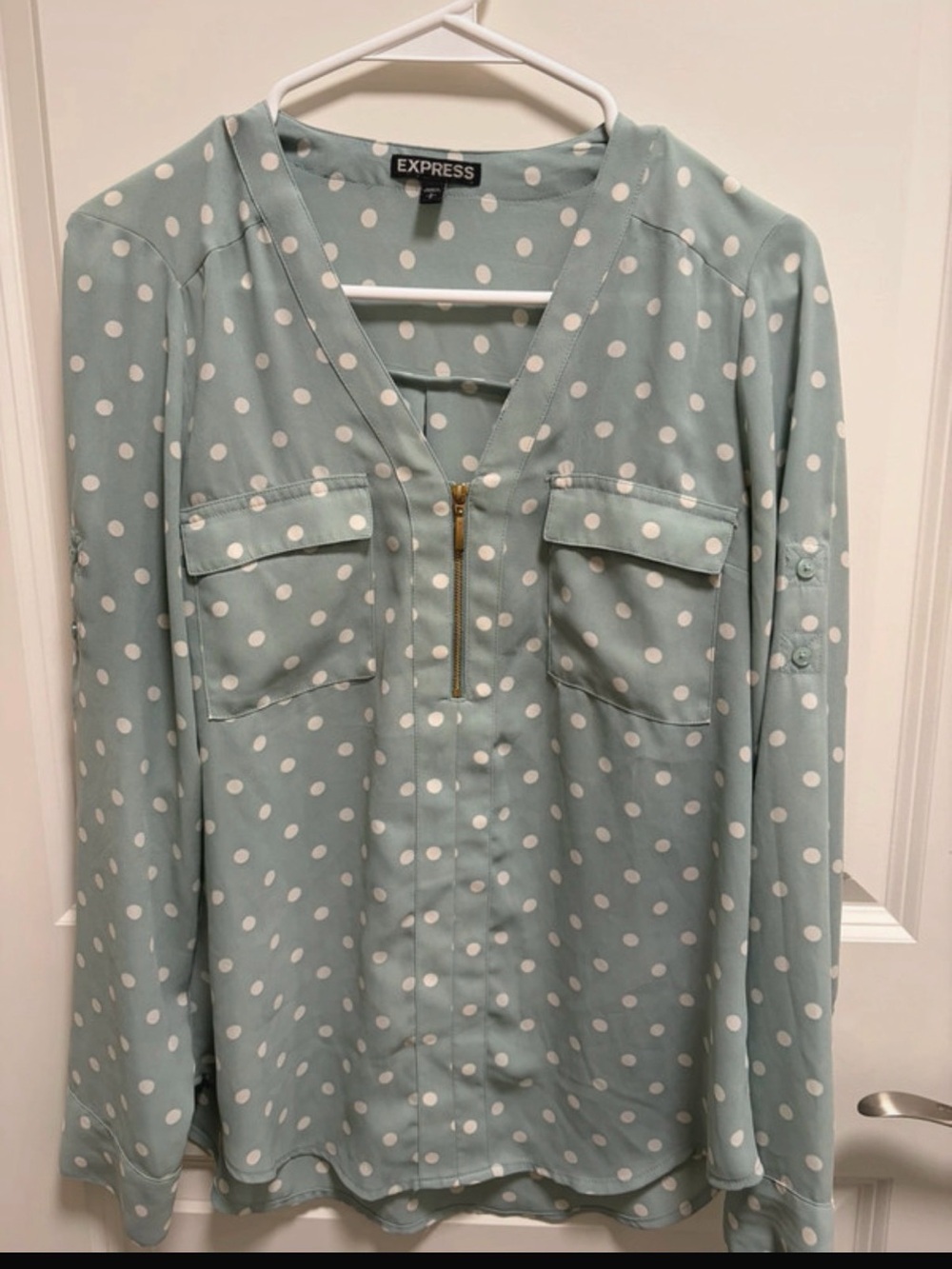 Express Mint Green Polka Dot Zip-Front Blouse